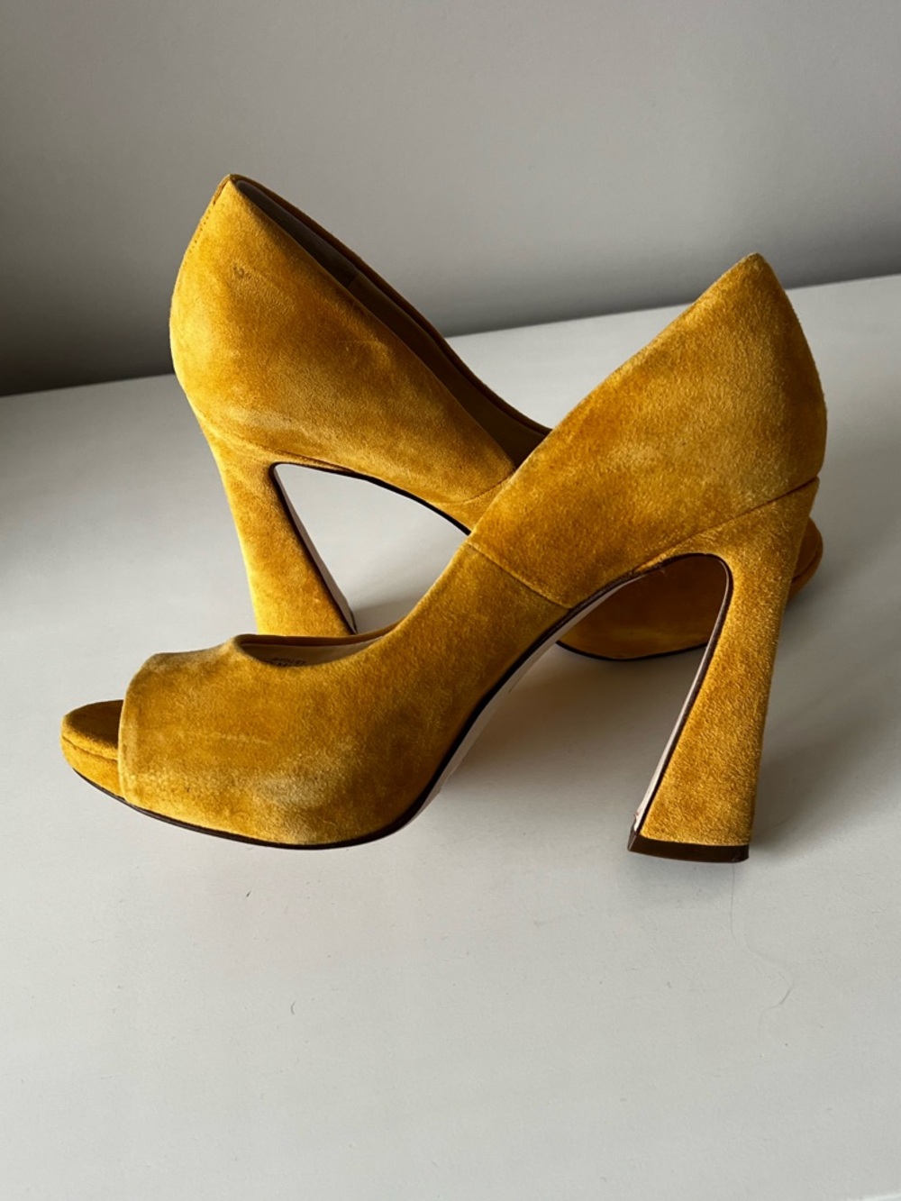 Jessica Simpson Mustard Suede Peep-Toe Block Heels - Picture 4 of 5